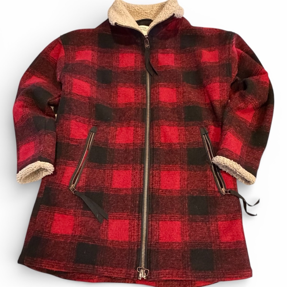 REI Buffalo Plaid Sherpa Lined Full Zip Jacket Red Black Fleece Outdoor Warm